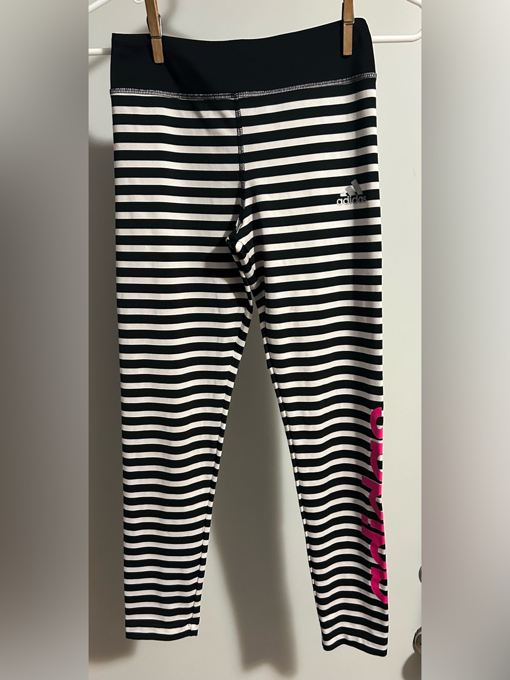 adidas Women’s’ Black & White Striped Leggings with Pink Side Logo